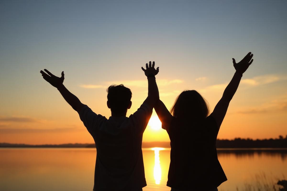 Two residents celebrating a new beginning at sunset